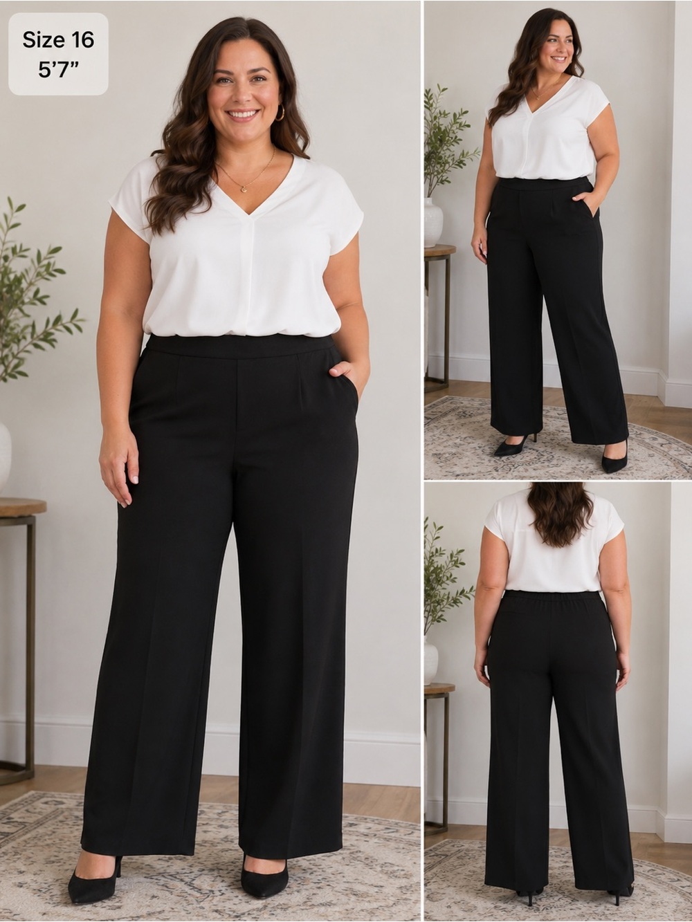 NIC+ZOE Black Wide Leg Pull-On Dress Pants Stretch Pockets Work Career Plus Size